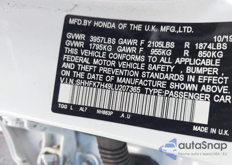 2020 Honda Civic Sport из США, поврежденный, VIN SHHFK7H49LU207365